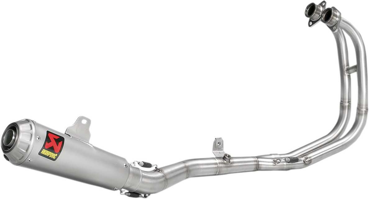 Stainless steel AKRAPOVIC Race Exhaust System for Yamaha Y2R1 motorcycle, showing the exhaust pipe and muffler with branding