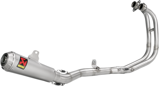 Stainless steel AKRAPOVIC Race Exhaust System for Yamaha Y2R1 motorcycle, showing the exhaust pipe and muffler with branding