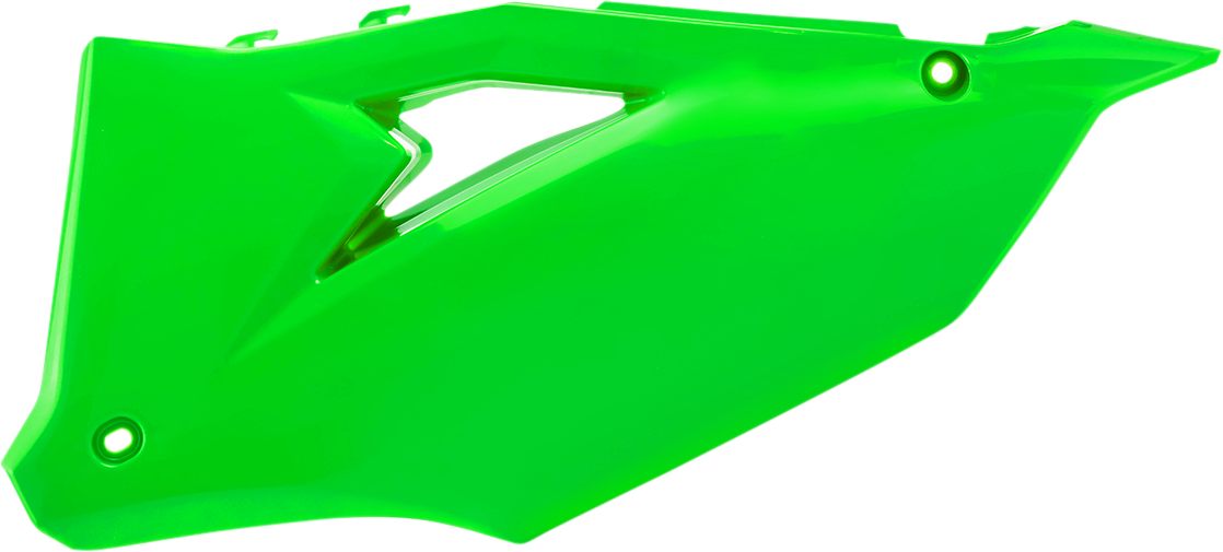 A bright fluorescent green Acerbis side panel for motorcycle bodywork, with visible mounting points and branding details.