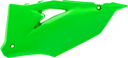 A bright fluorescent green Acerbis side panel for motorcycle bodywork, with visible mounting points and branding details.