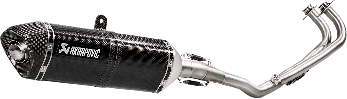 AKRAPOVIC Race Exhaust S-Y5R5-RC for motorcycles with stainless steel and carbon fiber design, showing the sleek exhaust system.