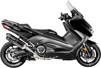 AKRAPOVIC Race Exhaust S-Y5R5-RC for motorcycles with stainless steel and carbon fiber components, showcasing sleek design and craftsmanship.
