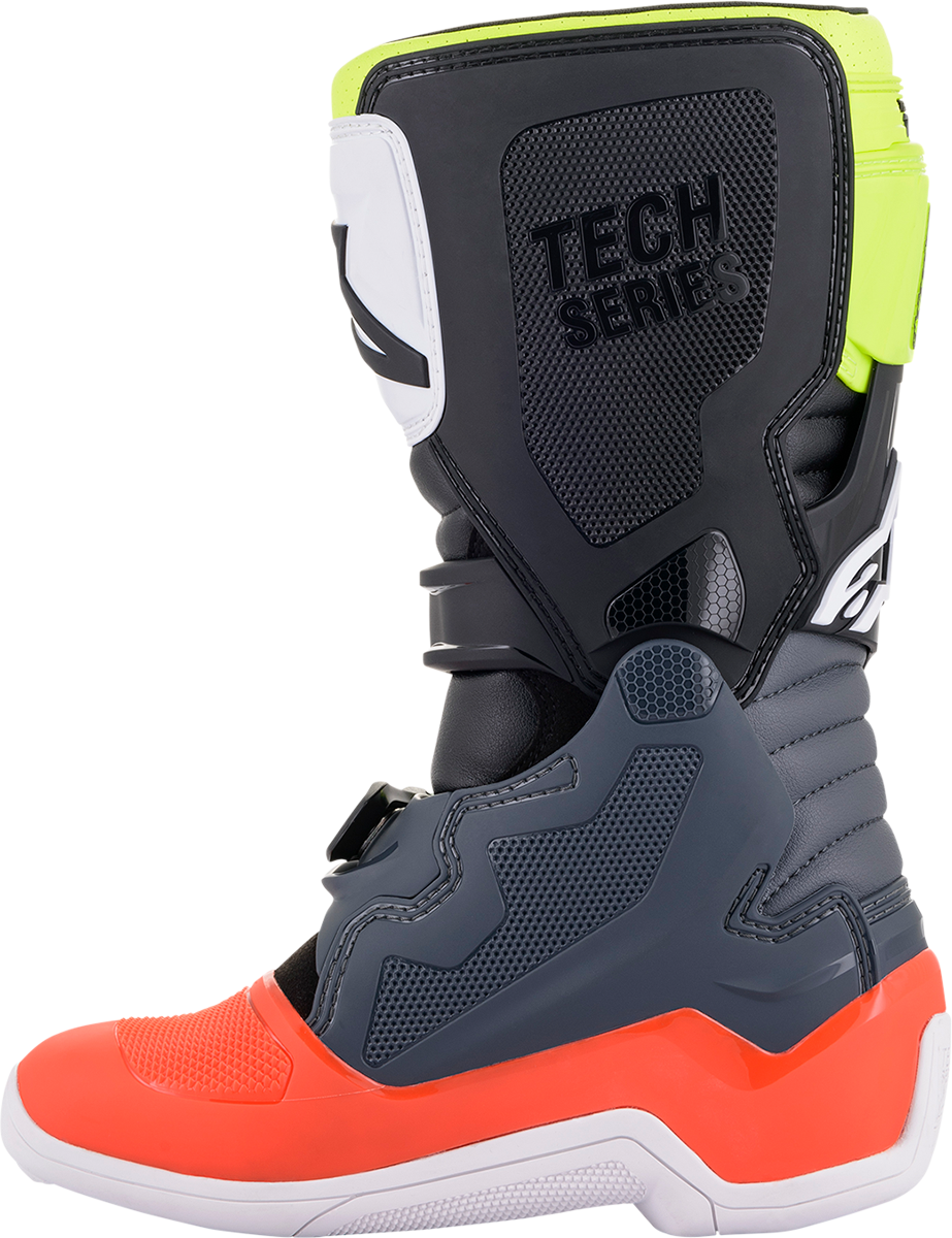 Alpinestars Youth Tech 7S bike boots in black, gray, red, white, and yellow with protective design for young riders.