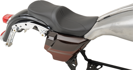 Low touring seat with solar reflective leather for Harley FL motorcycles, featuring the Drag Specialties Seats brand.
