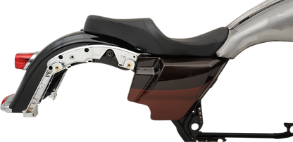 Low Touring Seat by Drag Specialties with solar reflective leather for Harley FL 2008-2023, showing the seat's sleek design and textured surface.