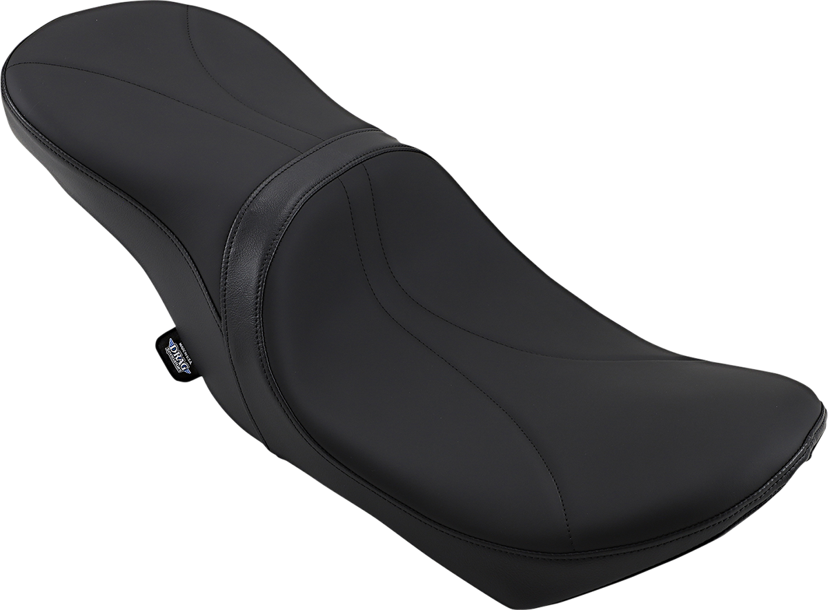 Low touring seat by Drag Specialties with solar reflective leather for Harley FL models 2008-2023, shown on a motorcycle.