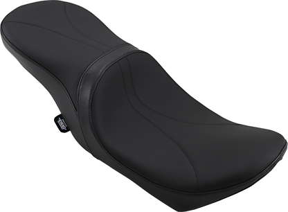 Low touring seat by Drag Specialties with solar reflective leather for Harley FL models 2008-2023, shown on a motorcycle.