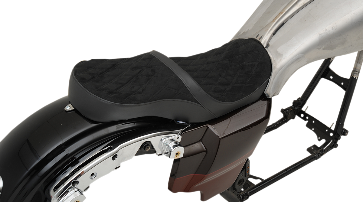 Low touring seat by Drag Specialties Seats featuring vinyl and faux suede for Harley FL models from 2008 to 2023.
