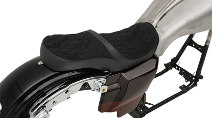 Low touring seat by Drag Specialties Seats featuring vinyl and faux suede for Harley FL models from 2008 to 2023.