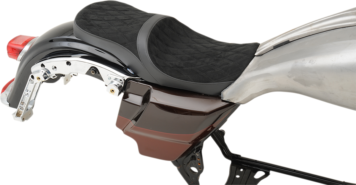 DRAG SPECIALTIES LOW TOURING SEAT for Harley FL, vinyl and faux suede, shown on motorcycle seat with detailed stitching and padding.