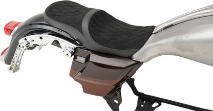 DRAG SPECIALTIES LOW TOURING SEAT for Harley FL, vinyl and faux suede, shown on motorcycle seat with detailed stitching and padding.