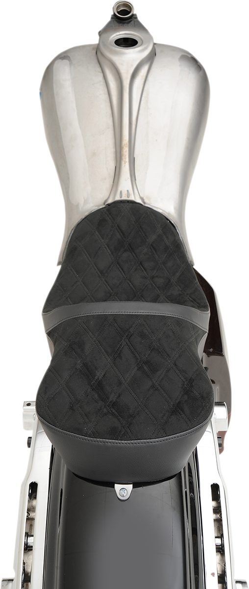 Drag Specialties low touring seat with vinyl and faux suede for Harley FL, model years 2008-2023, shown on motorcycle.