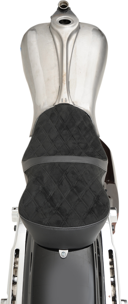 Drag Specialties low touring seat with vinyl and faux suede for Harley FL, model years 2008-2023, shown on motorcycle.