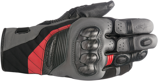 Alpinestars Belize Drystar® motorcycle gloves in black, anthracite, and red, small size, with reinforced knuckles and adjustable wrist strap.