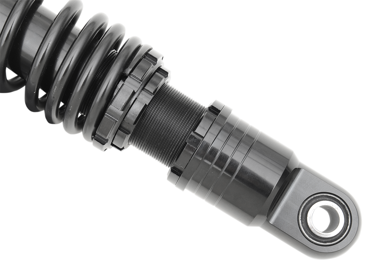 Black Drag Specialties C16-0160AB premium ride-height adjustable motorcycle shocks, 11 inches tall, with visible mounting hardware