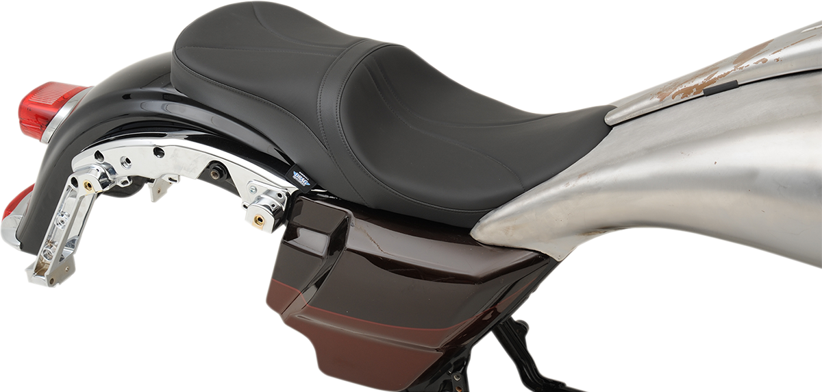 Low touring seat by Drag Specialties for Harley FL '08-'23, featuring solar reflective leather and comfortable design.