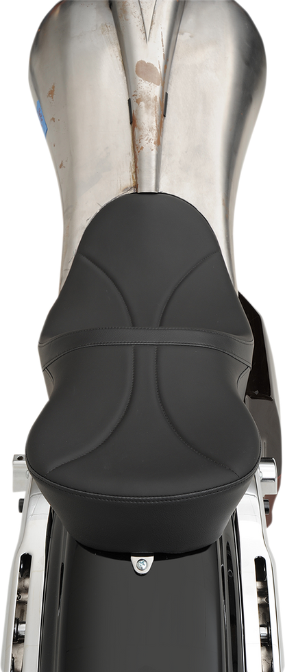 DRAG SPECIALTIES SEATS low touring seat with solar reflective leather for Harley FL '08-'23 motorcycle, shown on a bike.
