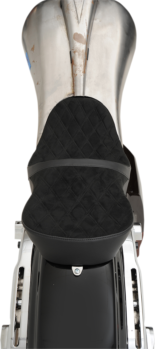 Low touring seat by Drag Specialties for Harley FL models 2008-2023, vinyl cover, designed for comfortable riding.