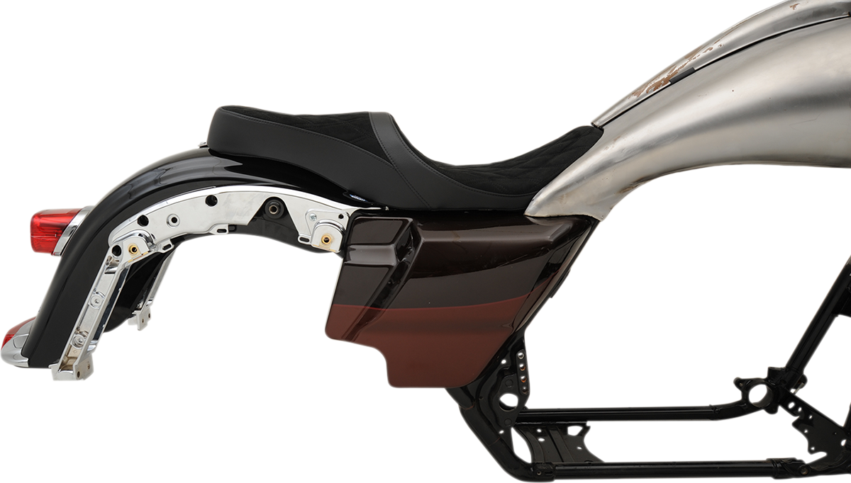 Low touring seat by Drag Specialties with vinyl cover for Harley FL models 2008-2023, shown on motorcycle seat.