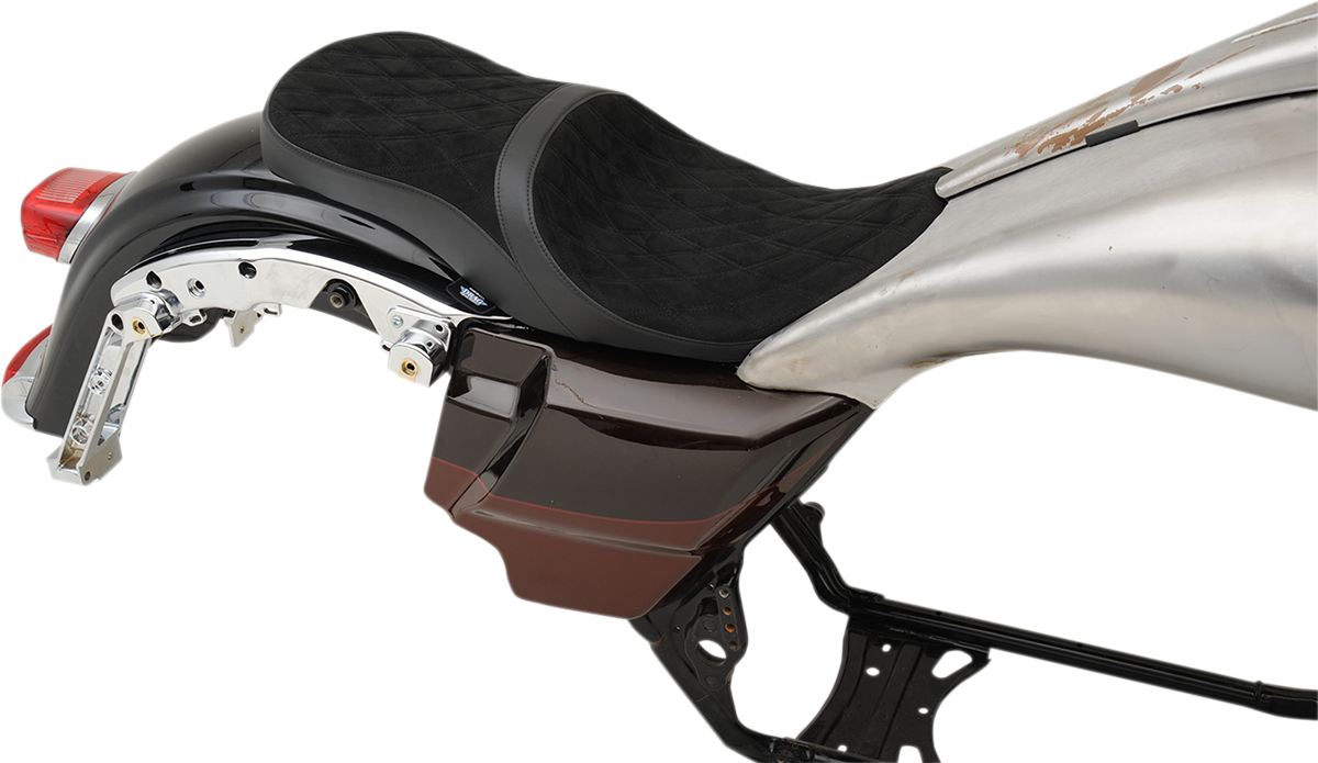 Low touring seat by Drag Specialties with vinyl cover for Harley FL models 2008-2023, designed for comfort and style.