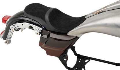 Low touring seat by Drag Specialties with vinyl cover for Harley FL models 2008-2023, designed for comfort and style.