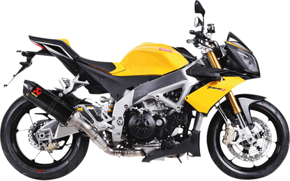 AKRAPOVIC carbon fiber slip-on muffler for Aprilia motorcycles, showcasing sleek design and high-performance exhaust component.