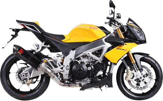 AKRAPOVIC carbon fiber slip-on muffler for Aprilia motorcycles, showcasing sleek design and high-performance exhaust component.