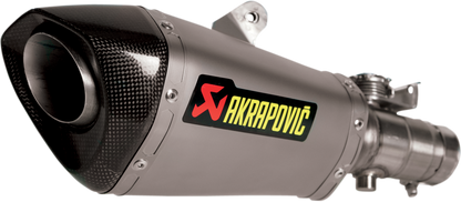 AKRAPOVIC titanium muffler for Yamaha YZF-R6 motorcycle, showing sleek, lightweight exhaust design and branding.
