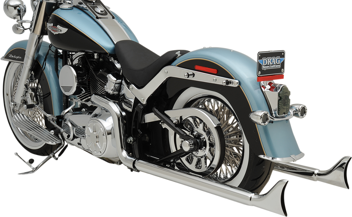 BASSANI XHAUST True Duals exhaust system with fishtail mufflers for Softail motorcycles, featuring dual pipes and chrome finish.
