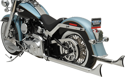 BASSANI XHAUST True Duals exhaust system with fishtail mufflers for Softail motorcycles, featuring dual pipes and chrome finish.