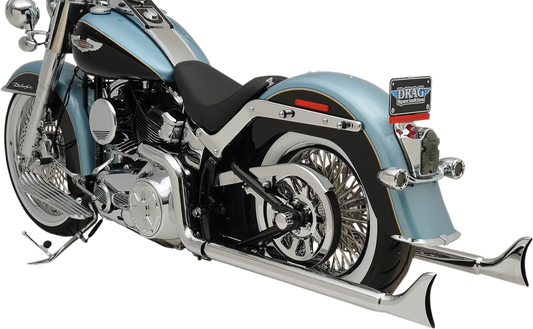 BASSANI XHAUST True Duals exhaust system with fishtail mufflers for Softail motorcycles, featuring dual pipes and chrome finish.