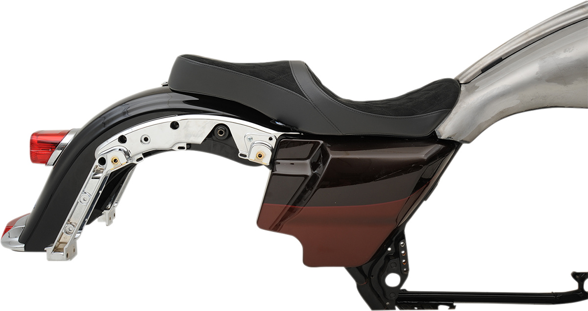 DRAG SPECIALTIES Low Touring Seat for Harley-Davidson FL models, vinyl and faux suede with diamond pattern on Ness Winged Tanks