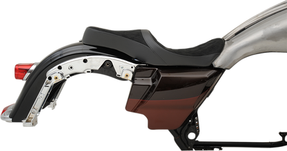 DRAG SPECIALTIES Low Touring Seat for Harley-Davidson FL models, vinyl and faux suede with diamond pattern on Ness Winged Tanks