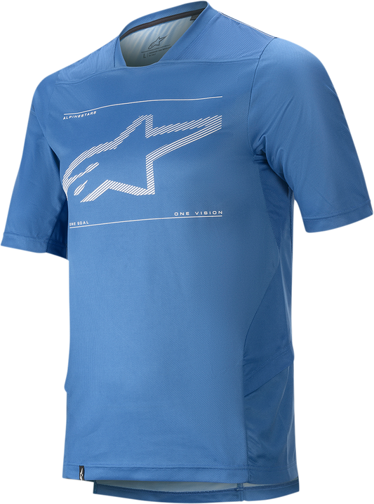 Alpinestars Drop 6.0 short-sleeve jersey in blue, small size, with breathable fabric and sporty design for motocross or casual wear.