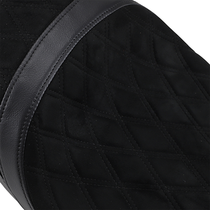 DRAG SPECIALTIES low touring seat for Harley-Davidson FL models, vinyl and faux suede with diamond pattern and winged tank design