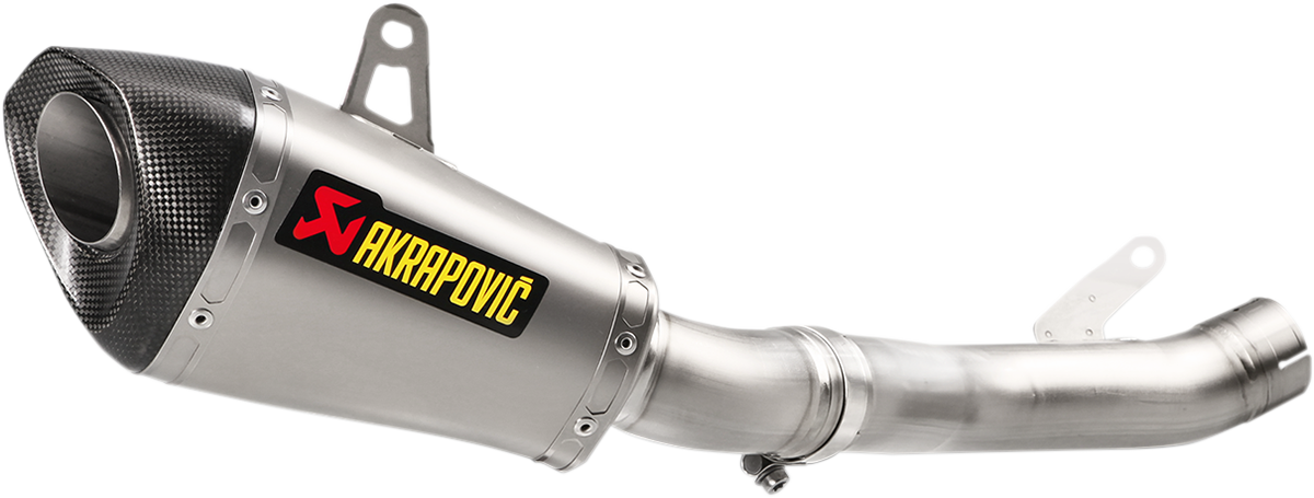 AKRAPOVIC titanium muffler for Kawasaki ZX-10R and RR, showcasing sleek exhaust with branded logo and polished titanium finish.