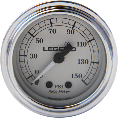 Legend Suspension fairing-mounted LED backlit PSI gauges in silver, showing detailed dials and wiring for motorcycle dashboard.