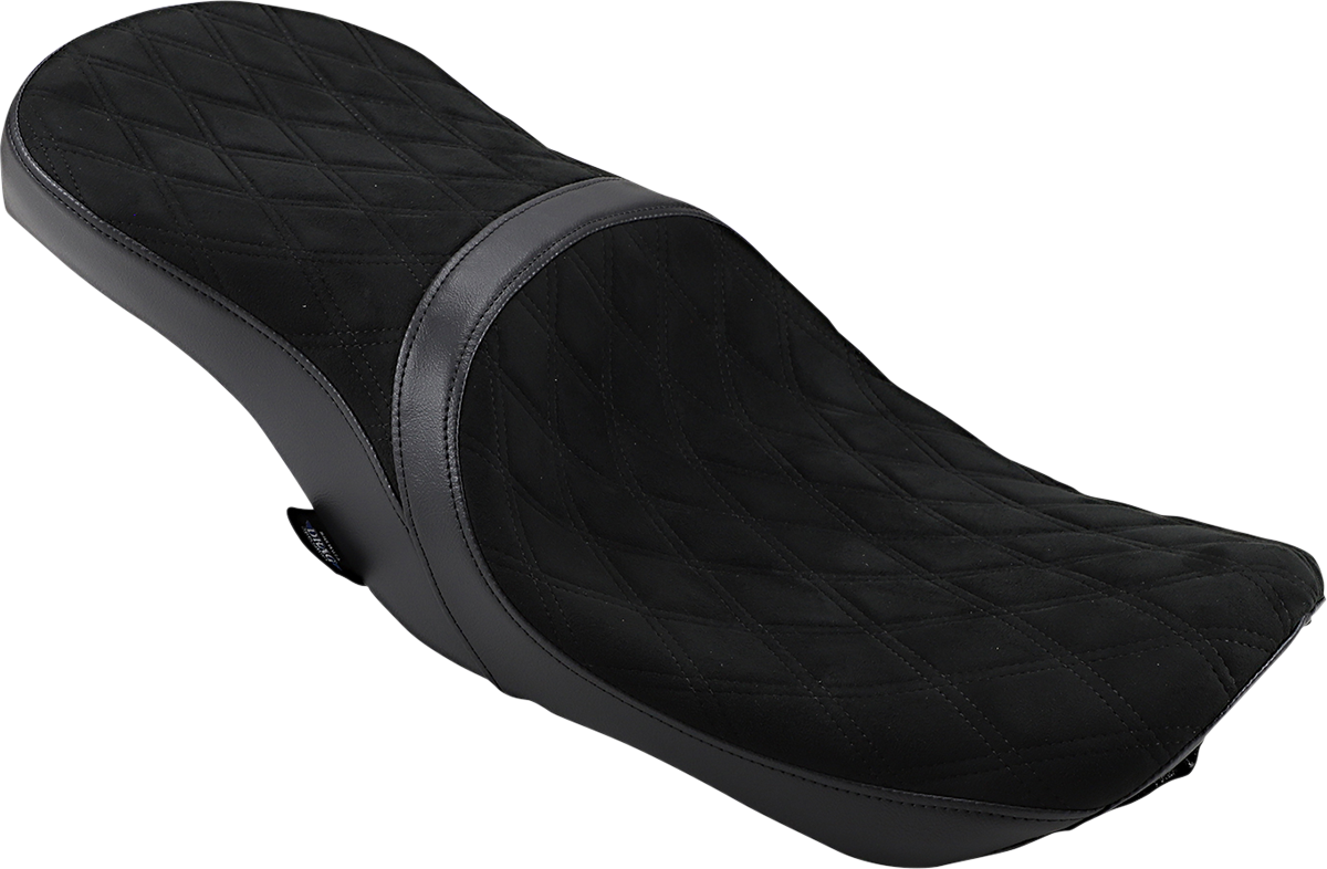 Drag Specialties low touring seat for Harley-Davidson FL models, vinyl and faux suede with diamond pattern and winged tank design