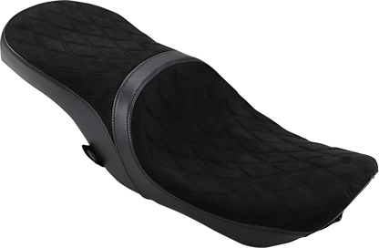 Drag Specialties low touring seat for Harley-Davidson FL models, vinyl and faux suede with diamond pattern and winged tank design