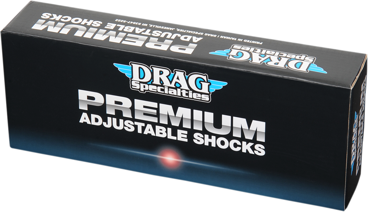 Drag Specialties C16-0153A adjustable 12-inch shocks for Harley-Davidson touring motorcycles, showcasing the premium ride-height feature.
