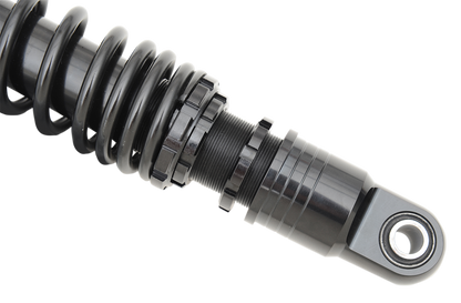Black 12-inch DRAG SPECIALTIES SHOCKS premium ride-height adjustable shocks for motorcycles.