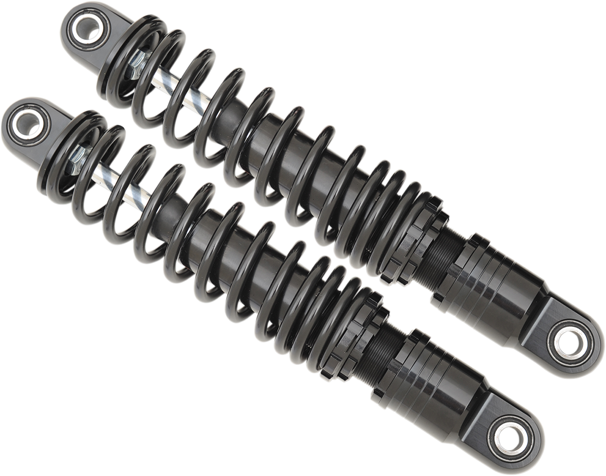 Black 12-inch DRAG SPECIALTIES SHOCKS premium ride-height adjustable shocks for motorcycles.