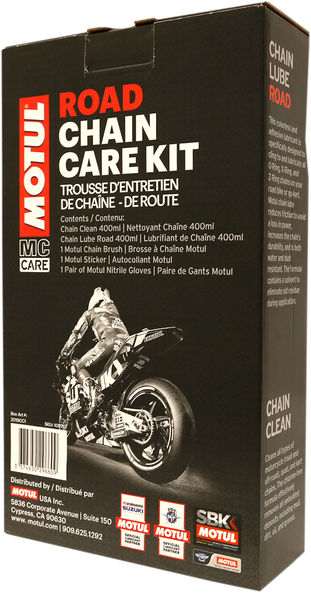 MOTUL Chain Care Kit for Road Use with lubricant and cleaning tools, designed for motorcycle chains, part 109767.