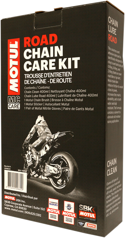 MOTUL Chain Care Kit for Road Use with lubricant and cleaning tools, designed for motorcycle chains, part 109767.