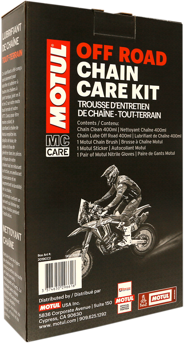 MOTUL Chain Care Kit for off-road and road bikes with cleaning and lubrication tools, featuring MOTUL branding and product components.