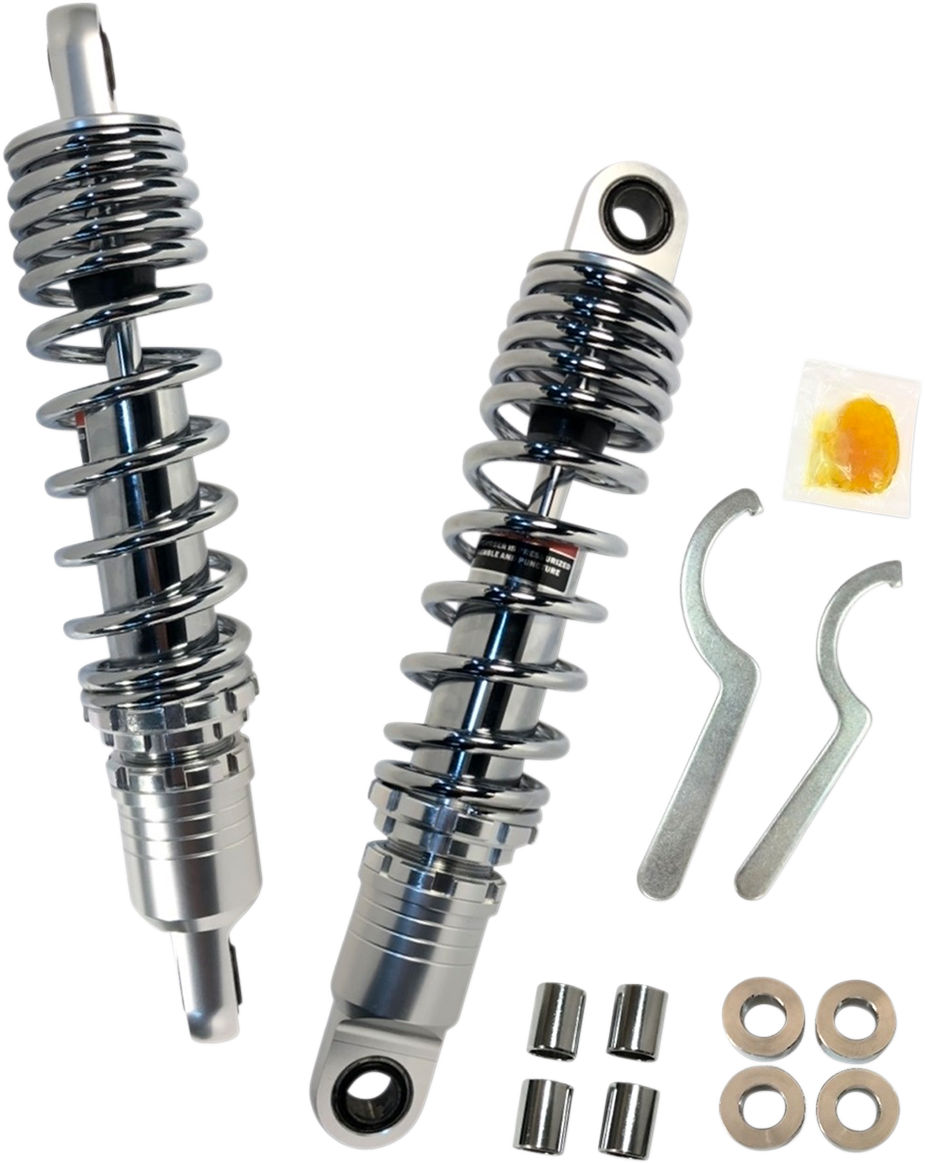 Chrome Drag Specialties shocks with premium ride-height adjustment, 12.5-inch length, designed for motorcycle suspension.