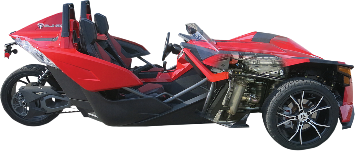 BASSANI XHAUST stainless steel muffler for Slingshot 6S17, showing the polished metal finish and exhaust pipe details.