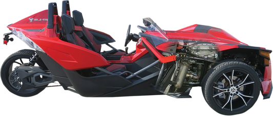 BASSANI XHAUST stainless steel muffler for Slingshot 6S17, showing the polished metal finish and exhaust pipe details.