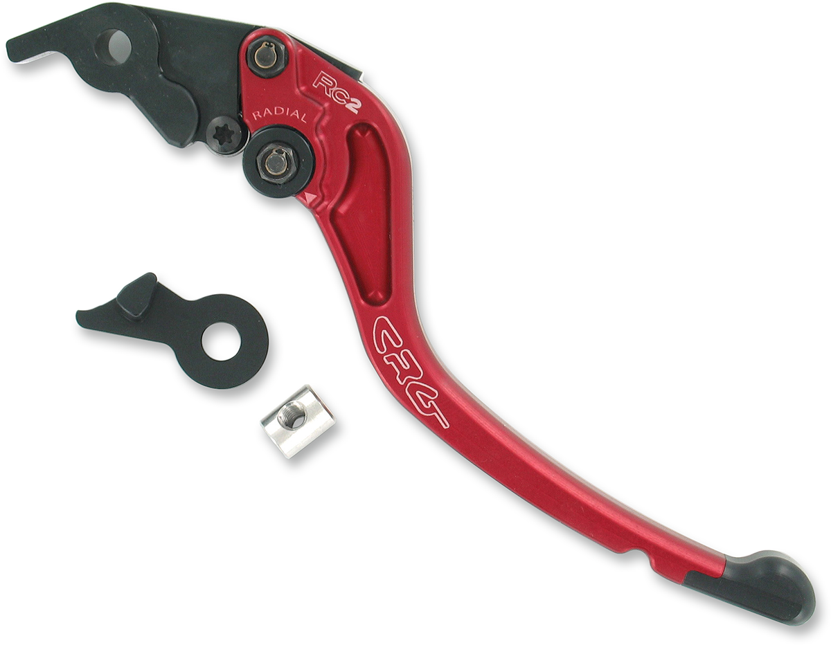 CRG RC2 standard clutch lever in red, showing the sleek motorcycle clutch lever with ergonomic design and vibrant color.