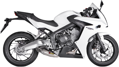AKRAPOVIC Race Exhaust Titanium S-H6R12-HAFT for motorcycle, showcasing the sleek titanium exhaust pipe and high-performance design.